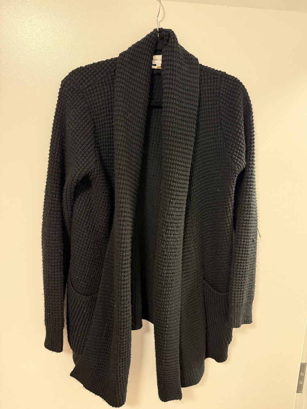 John + Jenn Black Waffle Knit oversized Open-Front Cardigan size Medium